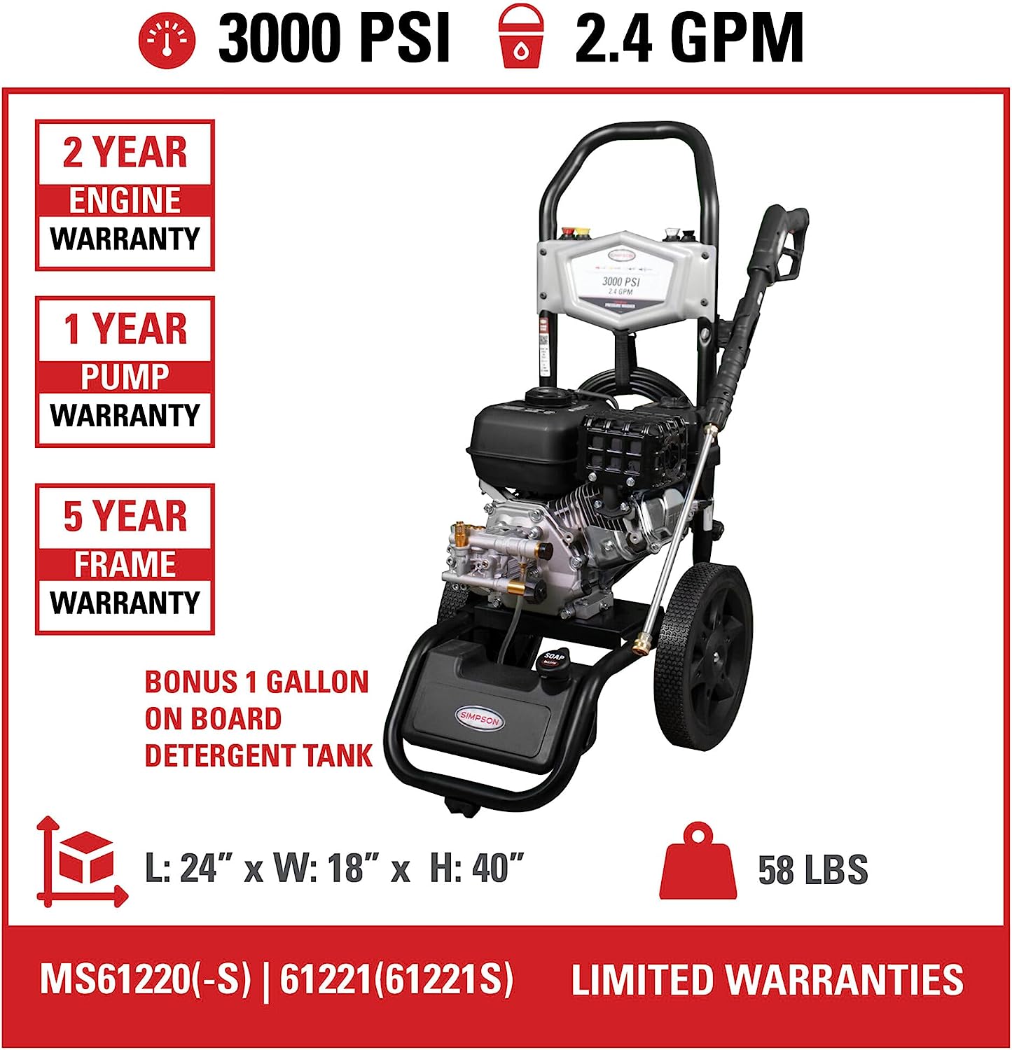 Simpson Megashot MS61221 3000-PSI Gas Pressure Washer with CRX210 OHV