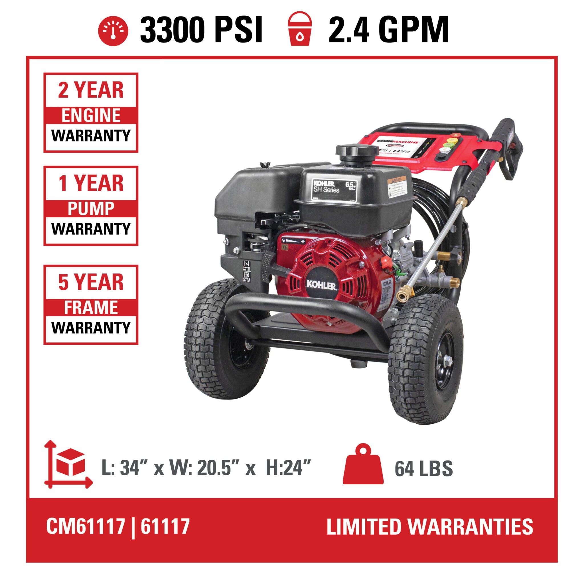 Simpson Clean Machine CM61117 3300psi 2.4gpm Pressure Washer with SH270 Kohler Engine